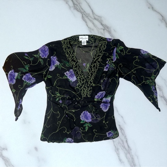 Vintage Y2K Millennium Whimsigoth Fairycore Sheer Floral Purple Bell Sleeve Top - Picture 8 of 12